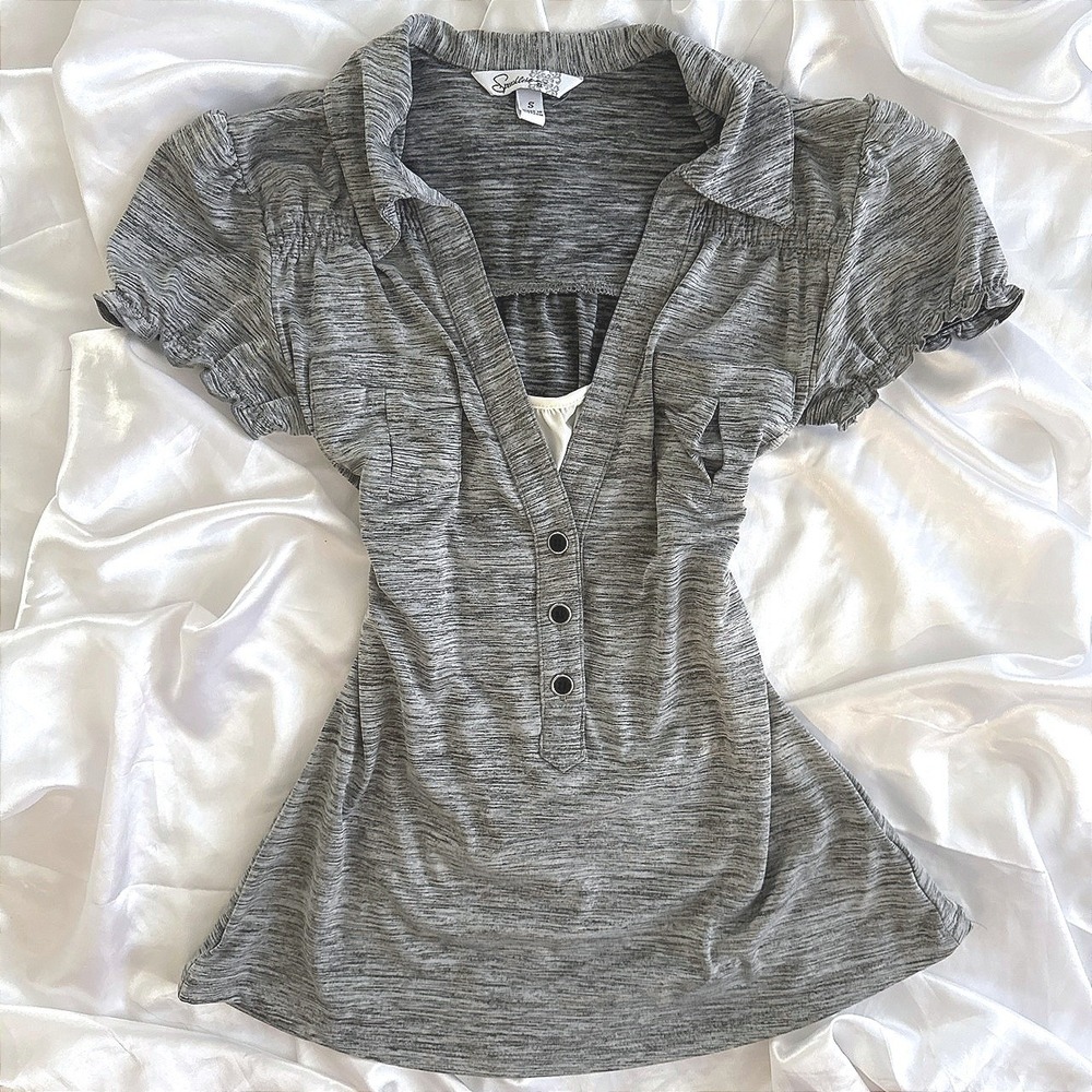 Speechless Grey Space Dye Layered Henley Top Short Puff Sleeve Size S HA17341U6T